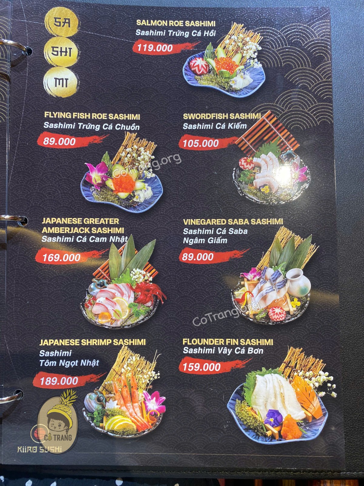 Menu thức ăn tại Kiiro Sushi Đà Nẵng